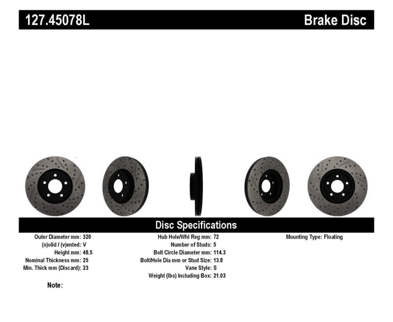 Rotors avant gauche rainurés et percés StopTech 07-09 Mazda 3