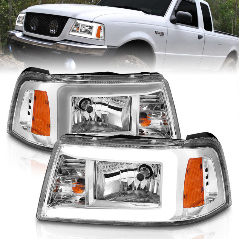 Phares en cristal ANZO 2001-2011 Ford Ranger avec barre lumineuse et boîtier chromé