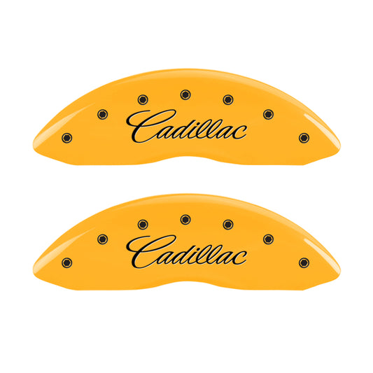 MGP 4 Caliper Covers Engraved Front Cursive/Cadillac Engraved Rear CTS Yellow finish black ch