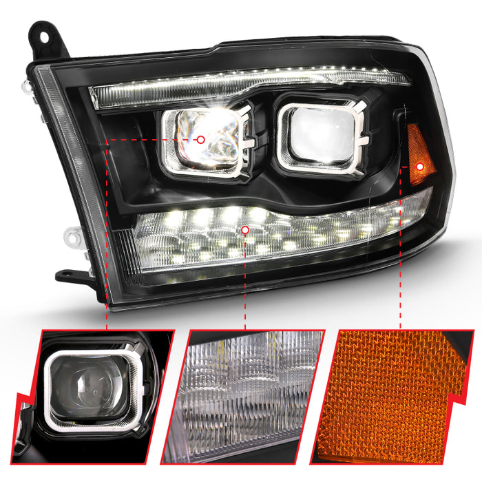 ANZO 2009-2018 Dodge Ram 1500 Projecteur LED Plank Style Switchback HL Halo Noir Ambre (Style OE)