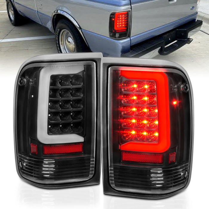 Feux arrière à LED ANZO 1993-1997 Ford Ranger avec barre lumineuse, boîtier noir, lentille transparente