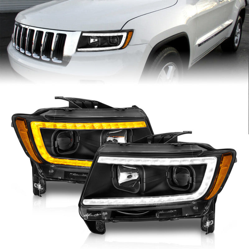 ANZO 11-13 Jeep Grand Cherokee (halogène d'usine uniquement) Phares de projecteur avec barre lumineuse Swtchbk Noir