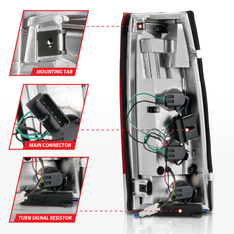 Feux arrière à LED ANZO 1999-2000 Cadillac Escalade, boîtier chromé, paire de lentilles rouges/transparentes