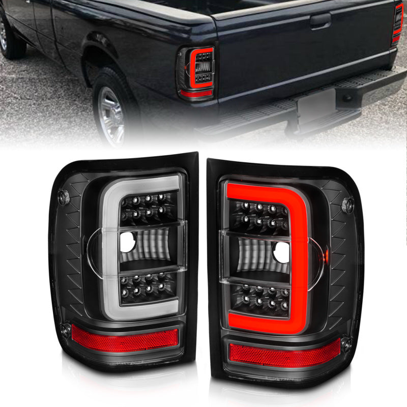 Feux arrière à LED ANZO 2001-2011 Ford Ranger avec barre lumineuse, boîtier noir, lentille transparente