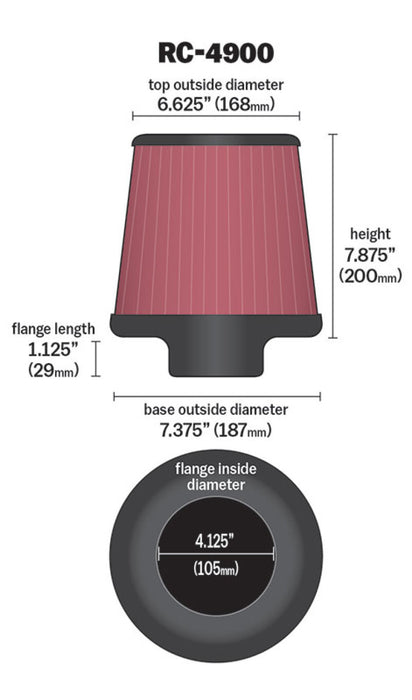 Filtre à air universel K&amp;N rond conique 7,375 po de diamètre extérieur de la base / 6,625 po de diamètre extérieur supérieur / 7,875 po de hauteur