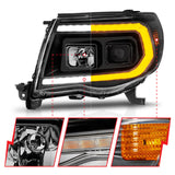 Phares de projecteur ANZO 05-11 Toyota Tacoma avec barre lumineuse Switchback boîtier noir