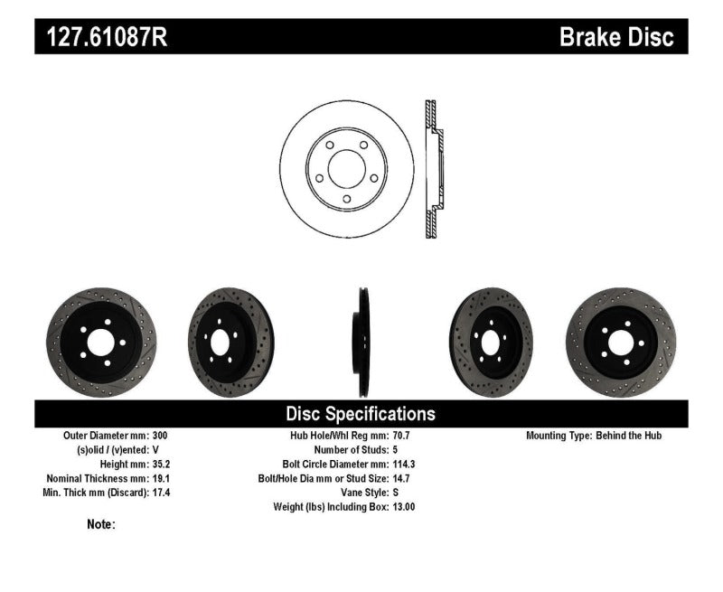 Disque de frein arrière droit fendu et percé StopTech pour Ford Mustang 05-10