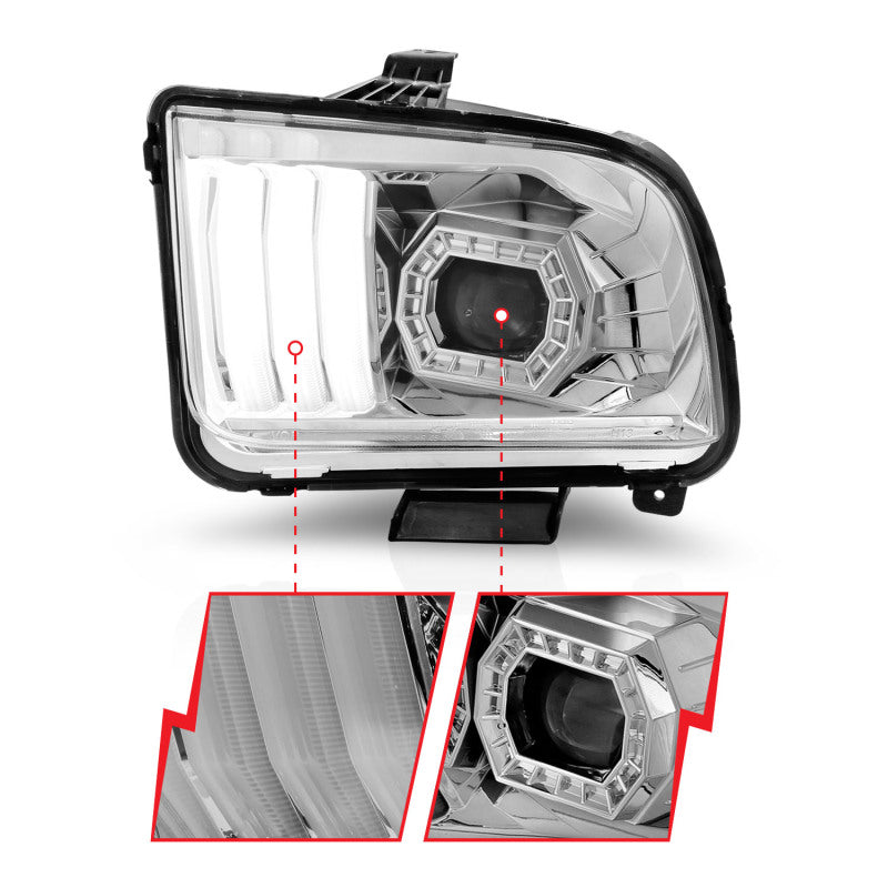 Phares de projecteur ANZO 05-09 Ford Mustang (avec halogène d'usine HL uniquement) avec boîtier chromé pour barre lumineuse