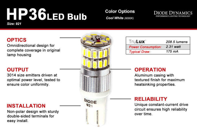 Ampoule LED Diode Dynamics 921 HP36 LED - Froid - Blanc (Paire)