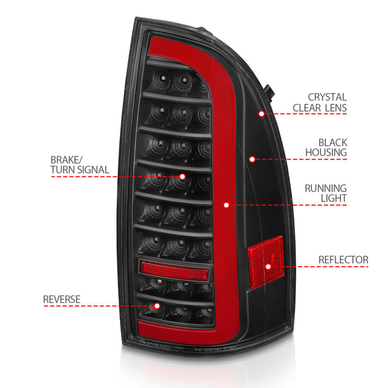Feux arrière à LED ANZO 05-15 Toyota Tacoma avec barre lumineuse séquentielle, boîtier noir, lentille transparente