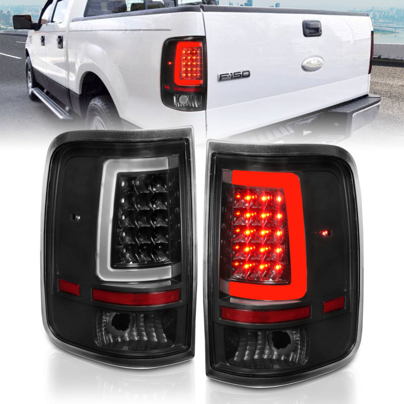 Feux arrière à LED ANZO 2004-2006 Ford F-150 avec barre lumineuse, boîtier noir, lentille transparente