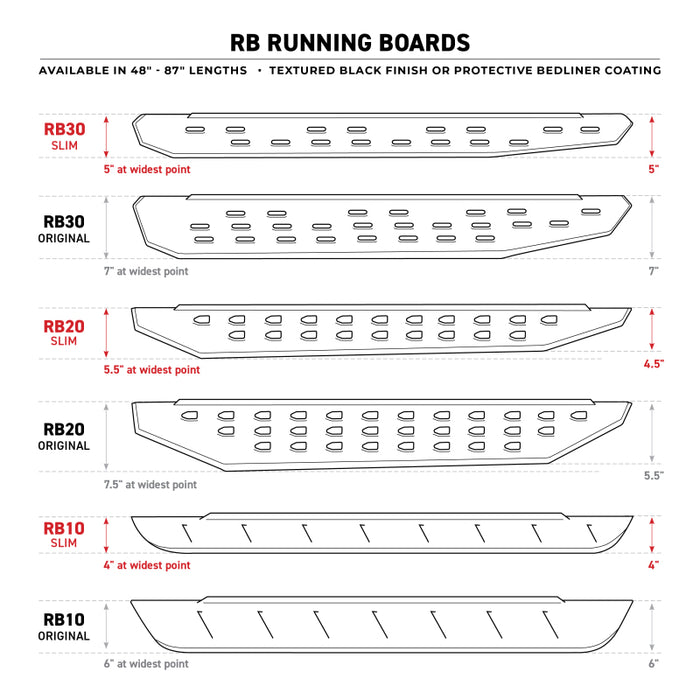 Marchepieds minces Go Rhino RB20 - Universel 87 po - Revêtement de doublure de caisse