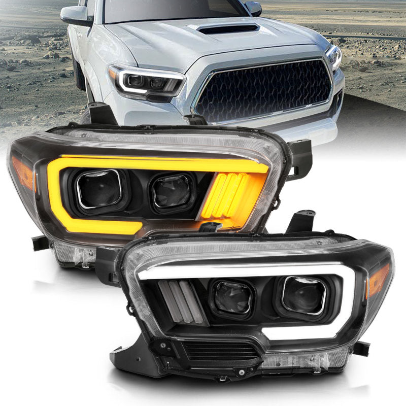 Phares de projecteur ANZO 2016-2017 Toyota Tacoma avec interrupteur de style planche noir avec ambre
