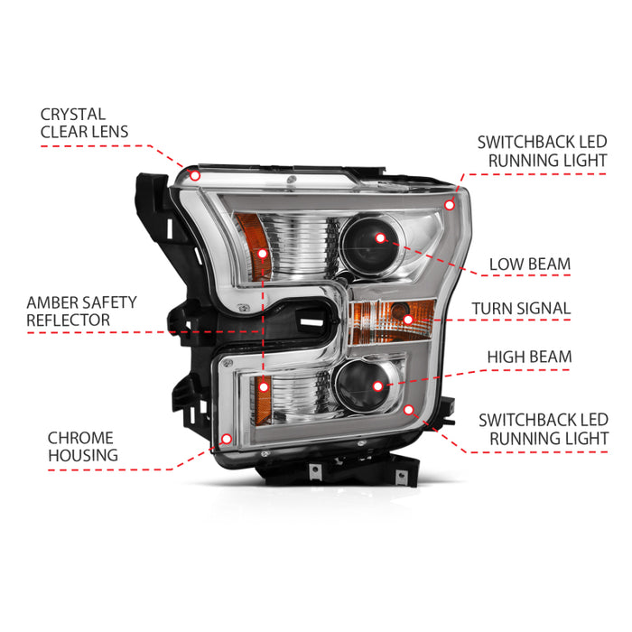 Phares de projecteur ANZO 2015-2017 Ford F-150 avec interrupteur de style planche chromé avec ambre