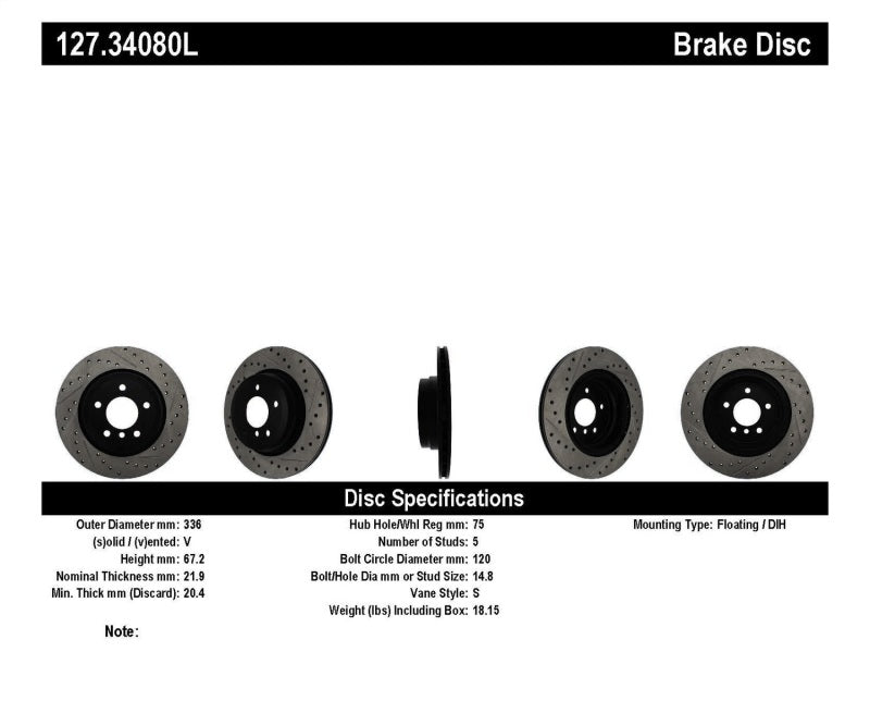 Rotor arrière gauche fendu et percé StopTech 06 BMW 330 / 07-09 BMW 335