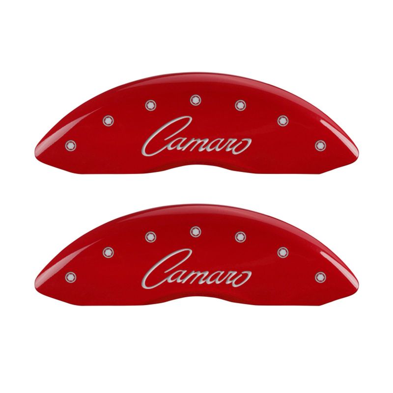 MGP 4 Caliper Covers Engraved Front & Rear Cursive/Camaro Red finish silver ch