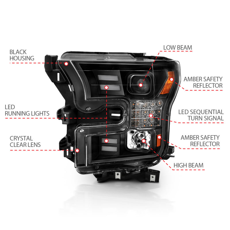 Phares de projet ANZO 15-17 Ford F-150 avec design de style planche noir avec clignotant séquentiel ambre