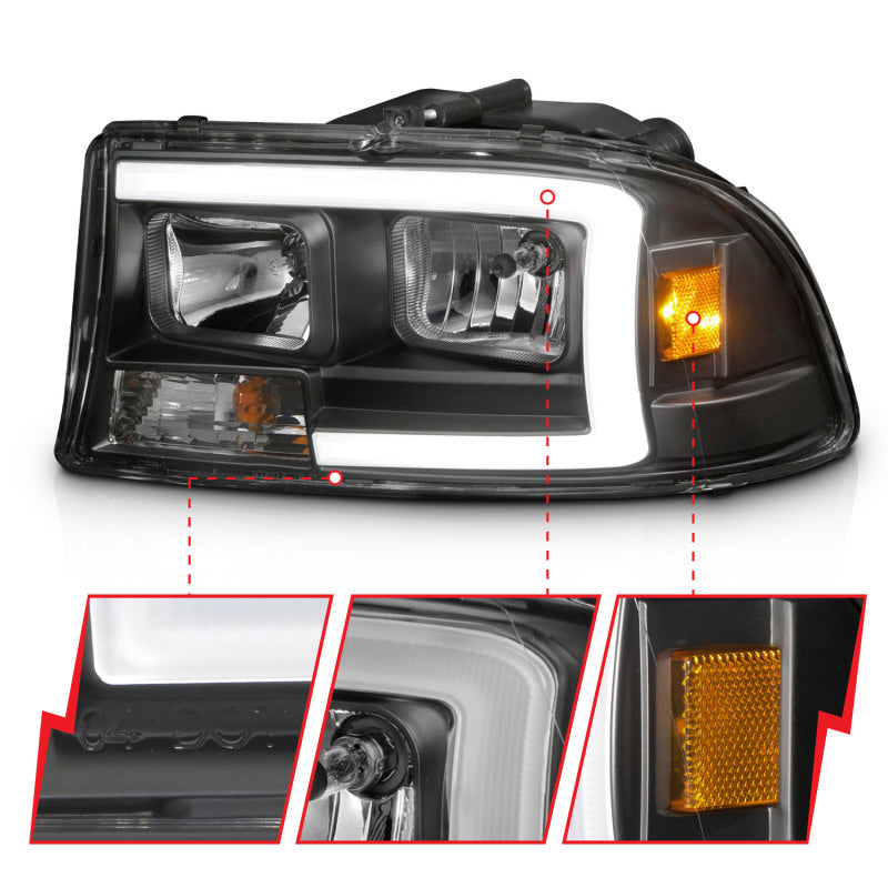 Ensemble de phares ANZO 97-04 Dodge Dakota/Durango Crystal avec barre lumineuse et boîtier noir