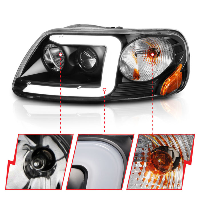 Phares de projecteur ANZO 1997-2003 Ford F-150 avec barre lumineuse et boîtier noir