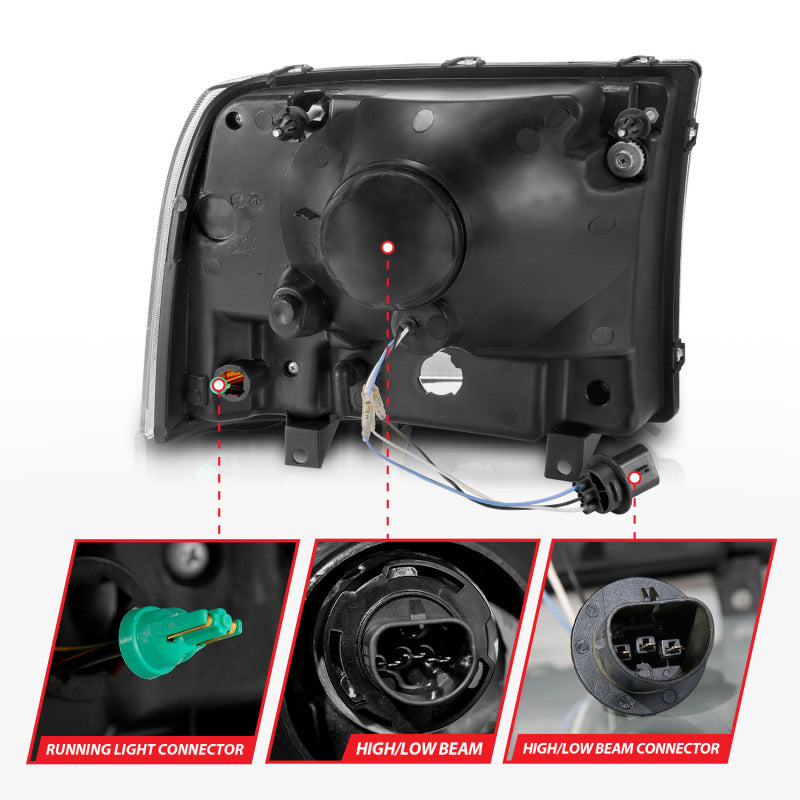 Phares en cristal ANZO 99-04 Ford F250/F350/F450/Excursion (excl. 99) - avec boîtier chromé pour barre lumineuse