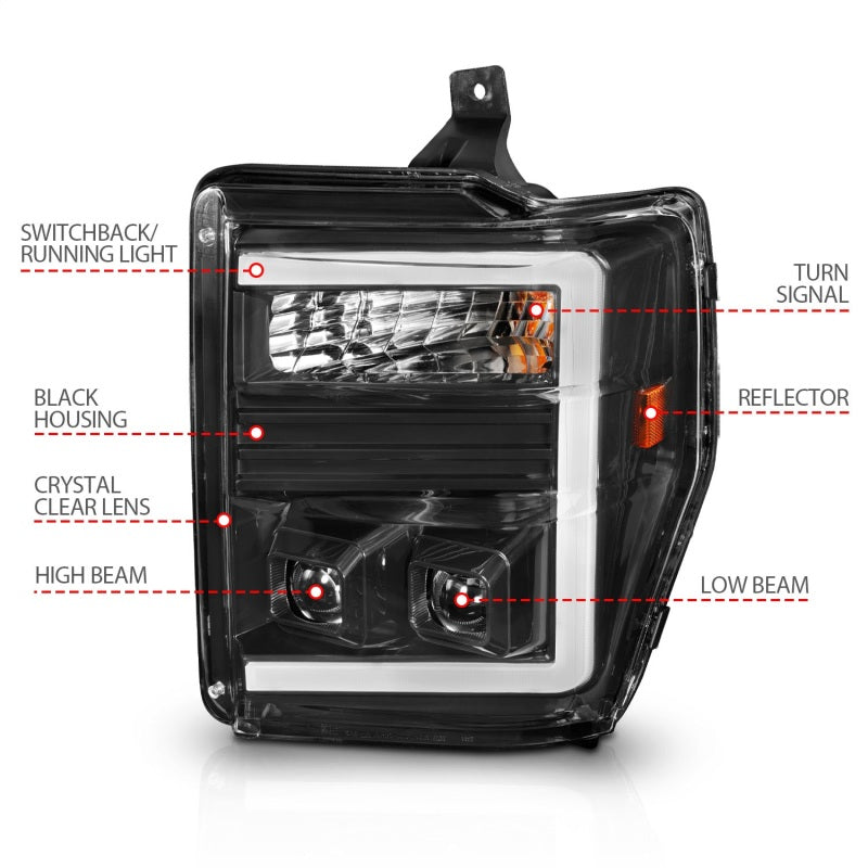 ANZO 08-10 Ford F-250 - F-550 Super Duty Phares de projecteur avec barre lumineuse Switchback Boîtier noir