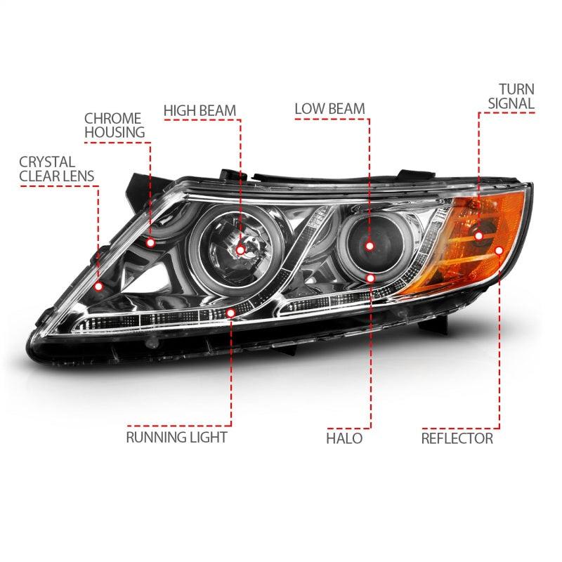 Phares de projecteur ANZO 2011-2013 Kia Optima avec halo chromé (CCFL)