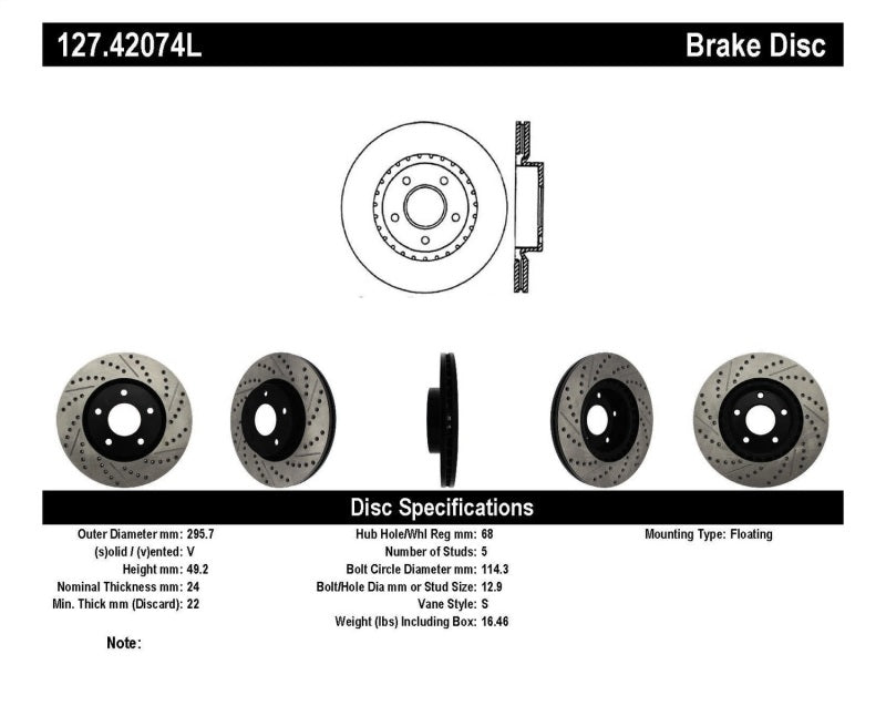 Disque de frein avant gauche rainuré et percé StopTech 1/02-05 Infiniti G35 (disque en alliage) / 6/02-05 Nissan 350Z