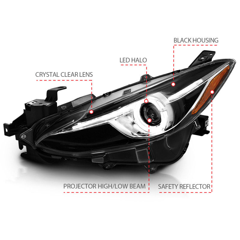 Phares de projecteur ANZO avec halo noir avec ambre 14-17 Mazda 3