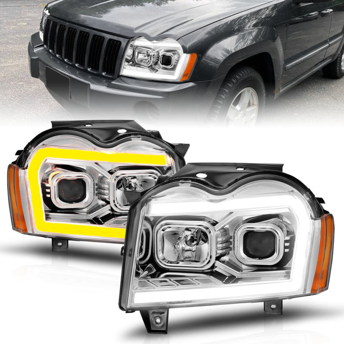 Phares de projecteur ANZO 05-07 Jeep Grand Cherokee - avec boîtier chromé à interrupteur de barre lumineuse