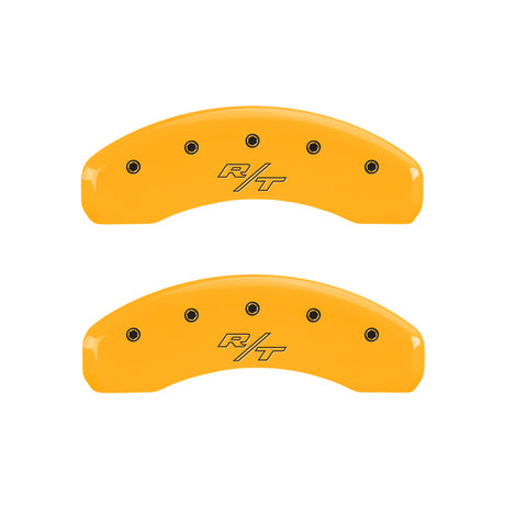 MGP 4 Caliper Covers Engrvd Front Block/Challenger Engrvd Rear Vintage Style/RT Yellow fnsh Blk ch
