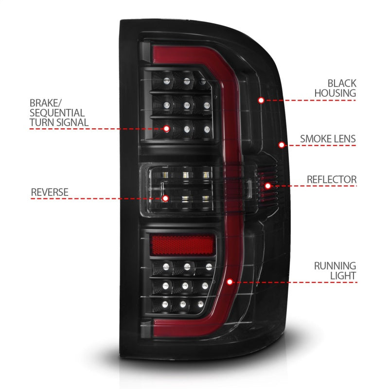 Feux arrière à LED ANZO 14-18 GMC Sierra 1500 avec boîtier noir et lentille fumée (avec barres lumineuses C)