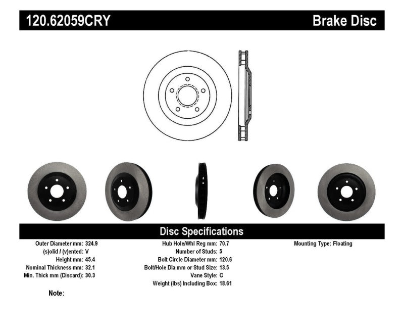 Rotor CRYO-STOP avant gauche Stoptech pour Chevrolet Corvette 97-04