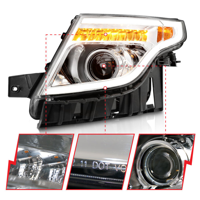 Phares de projecteur ANZO 11-15 Ford Explorer avec barre lumineuse, boîtier chromé avec lumière ambre