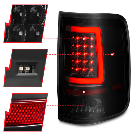 Feux arrière à LED ANZO 2004-2006 Ford F-150 avec barre lumineuse, boîtier noir, lentille fumée