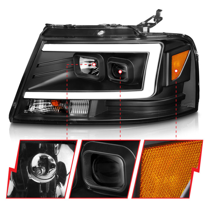 Phares de projecteur ANZO 2004-2008 Ford F-150 avec barre lumineuse et boîtier noir