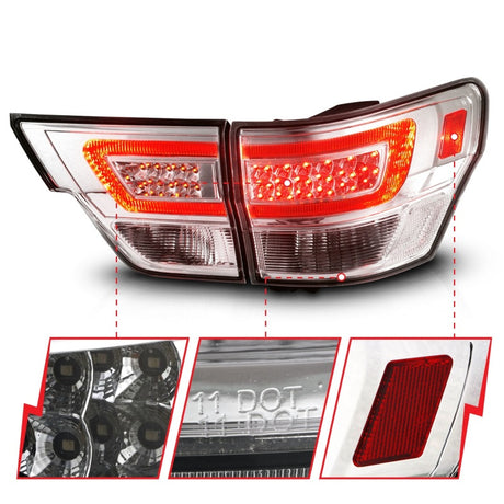 Feux arrière à LED ANZO 11-13 Jeep Grand Cherokee avec barre lumineuse Boîtier chromé/lentille transparente 4 pièces