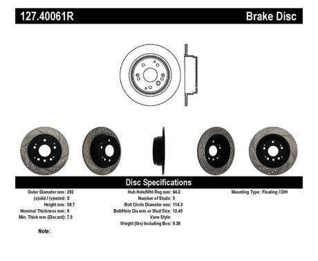 Rotor arrière droit fendu et percé StopTech 04-08 Acura TL / 03-09 Honda Element