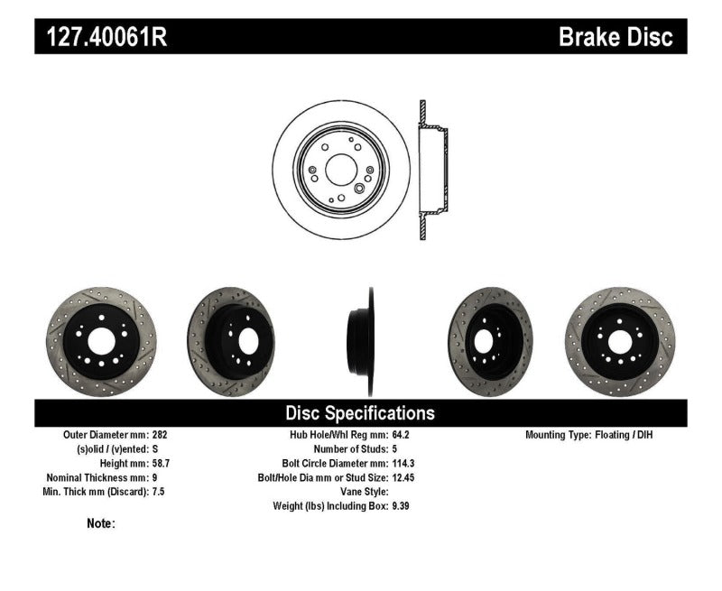 Rotor arrière droit fendu et percé StopTech 04-08 Acura TL / 03-09 Honda Element