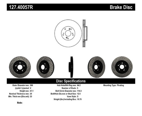 Rotor avant droit rainuré et percé StopTech 02-06 Acura RSX Type S / 06-09 Honda Civic Si