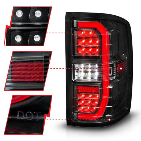 Feux arrière à LED ANZO 14-18 GMC Sierra 1500 avec boîtier noir et lentille transparente (avec barres lumineuses C)