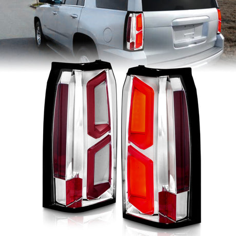 Feux arrière à LED ANZO 2015-2020 Chevrolet Tahoe avec barre lumineuse, boîtier chromé, lentille transparente