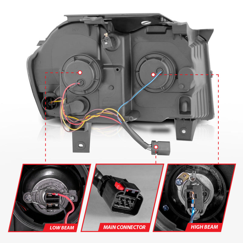 Phares de projecteur ANZO 2005-2007 Jeep Grand Cherokee avec barre lumineuse Switchback boîtier noir