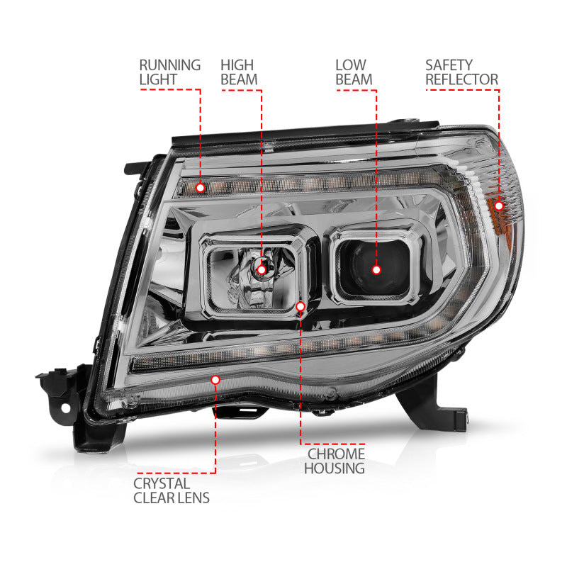 Phares de projecteur ANZO 05-11 Toyota Tacoma avec boîtier chromé à interrupteur de barre lumineuse