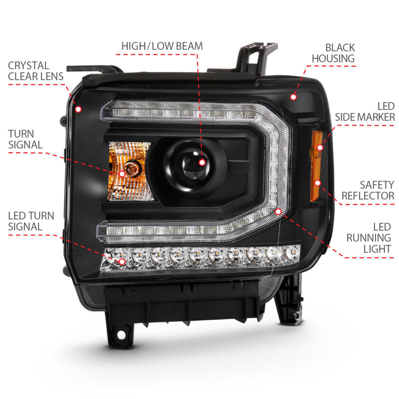 Phare de projecteur ANZO 2016-2019 Gmc Sierra 1500 style planche noir avec signal ambre séquentiel