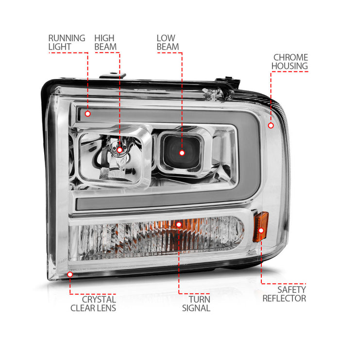 Phares de projecteur ANZO 99-04 Ford F250/F350/F450/Excursion (sauf 99) - avec boîtier chromé pour barre lumineuse