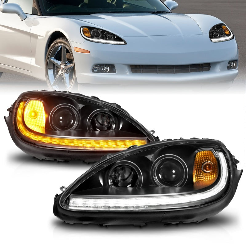 Phares de projecteur ANZO 05-13 Chevrolet Corvette avec interrupteur et LED séquentielle - Noir ambre