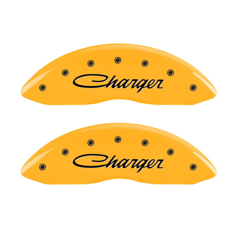 MGP 4 Caliper Covers Engraved Front & Rear Cursive/Charger Yellow finish black ch