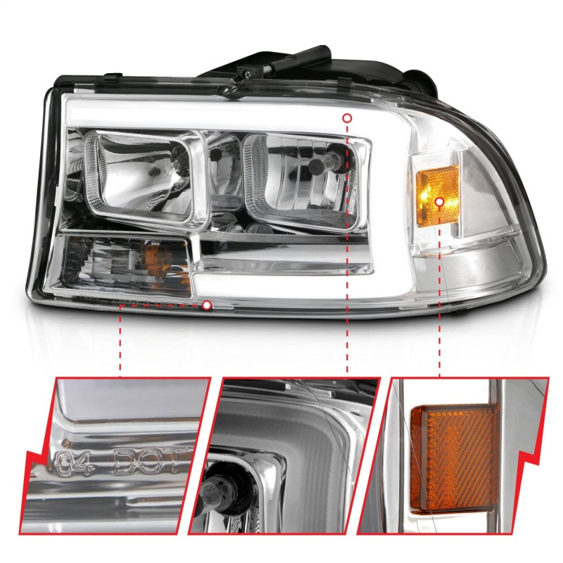 Ensemble de phares ANZO 97-04 Dodge Dakota/Durango Crystal avec barre lumineuse et boîtier chromé