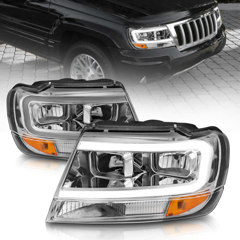 Phares en cristal ANZO 1999-2004 Jeep Grand Cherokee avec barre lumineuse et boîtier chromé