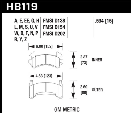Plaquettes de frein de course Hawk GM Metric DTC-70 avec épaisseur de 0,0594